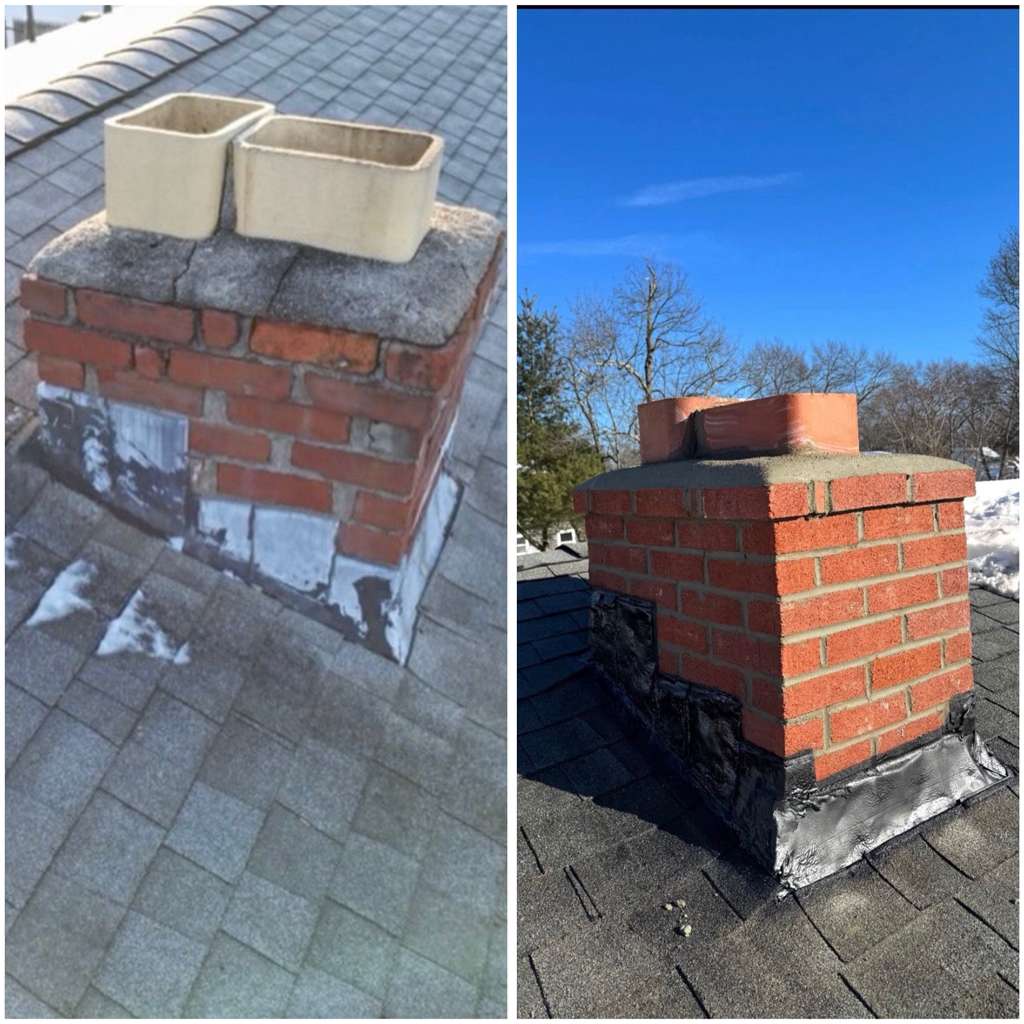Chimney crown & flashing repair before and after in Cincinnati