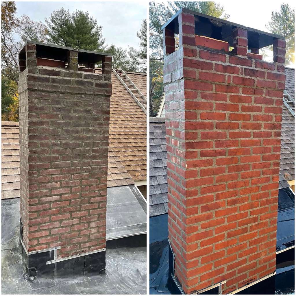 Chimney brick cleaning & repoint before and after in Cincinnati