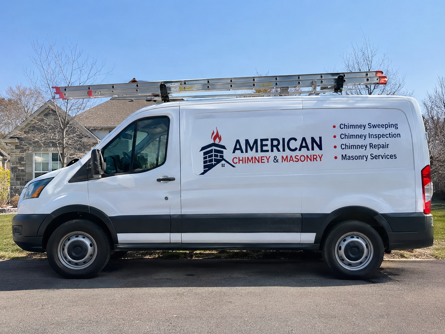 American Chimney & Masonry service van parked at a Cincinnati home