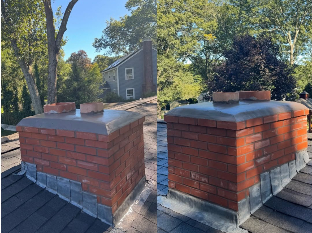 Before and after view of a rebuilt and sealed chimney crown