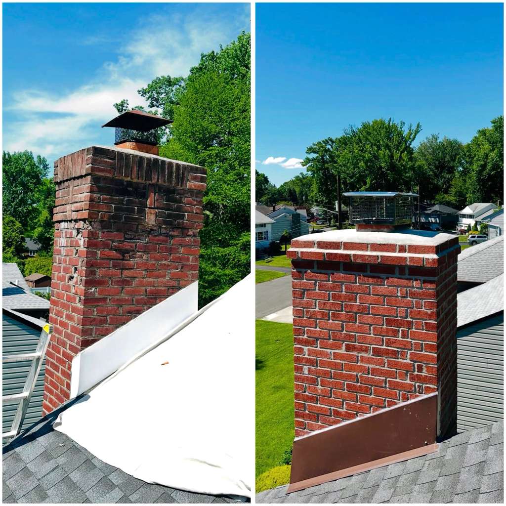Chimney tuckpointing & crown before and after in Cincinnati