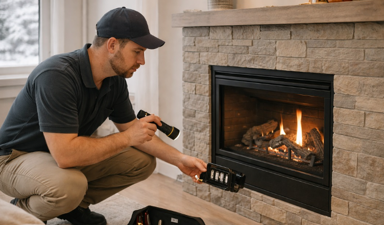 Technician testing the controls on a running gas fireplace insert in a Cincinnati home