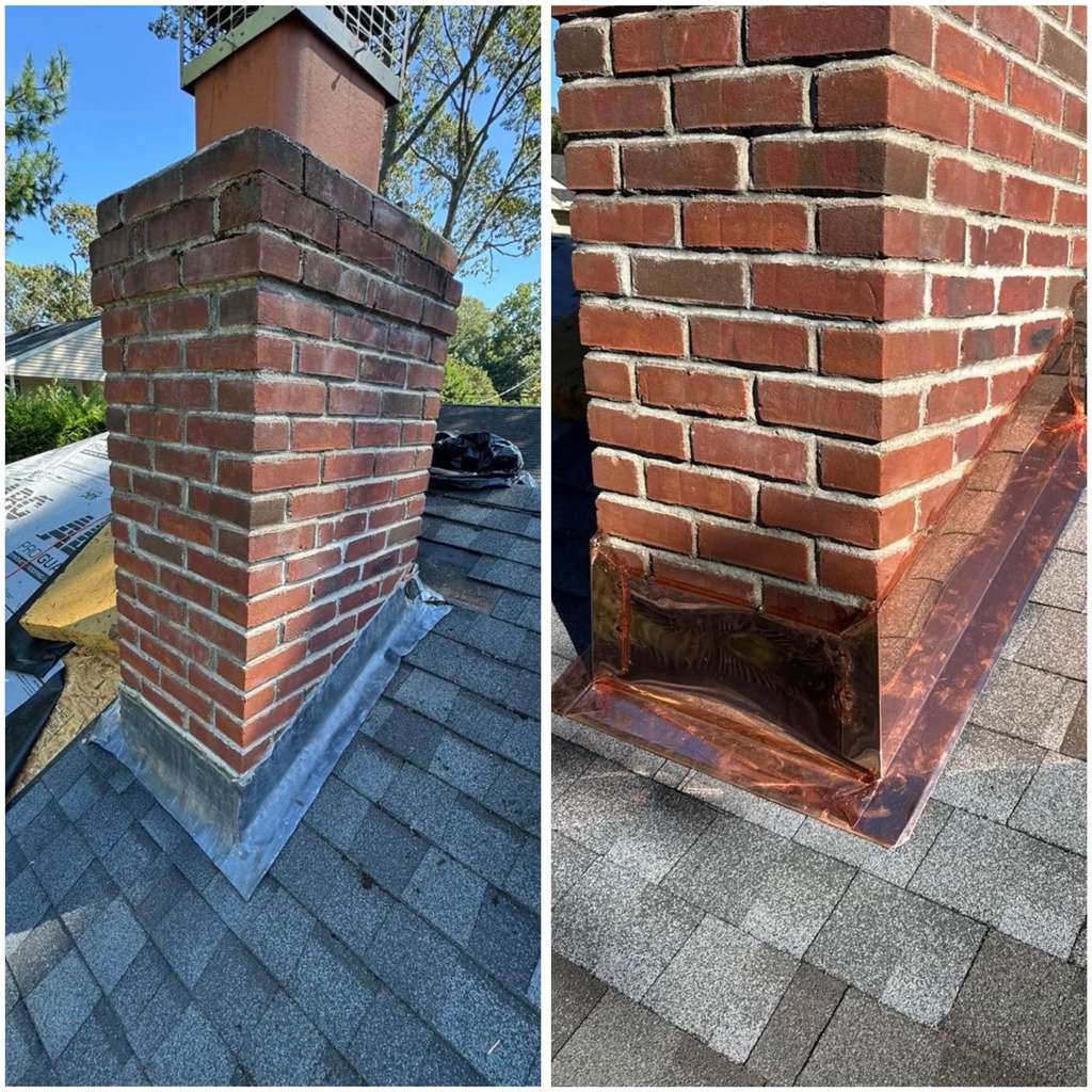 Chimney copper flashing before and after in Cincinnati